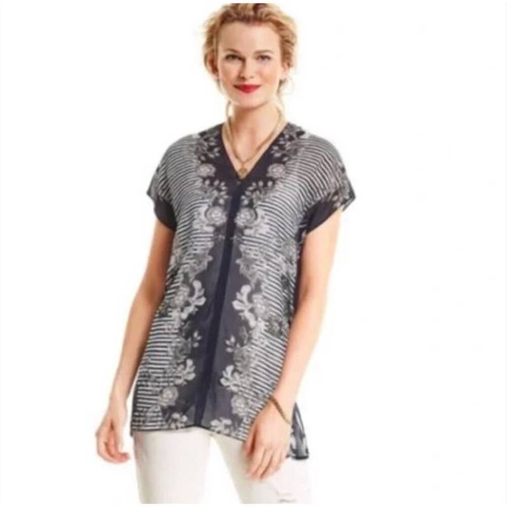 CAbi Women's Navy Blue Yacht Top Size Small #5024 Striped Floral Semi-Sheer